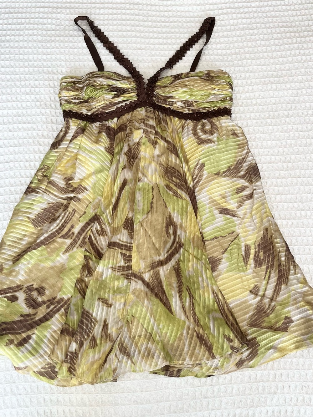 BCBGMaxAzria Green, Brown and Cream Pleated Mini Dress